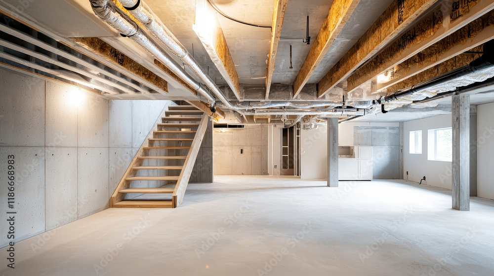 Spacious unfinished basement with wooden stairs and concrete walls, ready for customization.