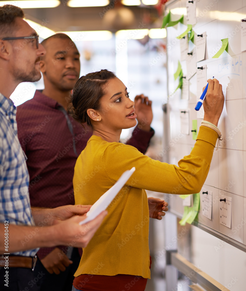 Woman, focus and brainstorm on whiteboard or marketing presentation or male employees and in office. Coach, lady trainer and man workers or flip chart or business project and workplace meeting