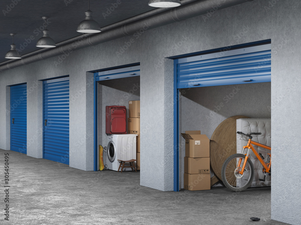 storage hall with open storages doors 3d illustration
